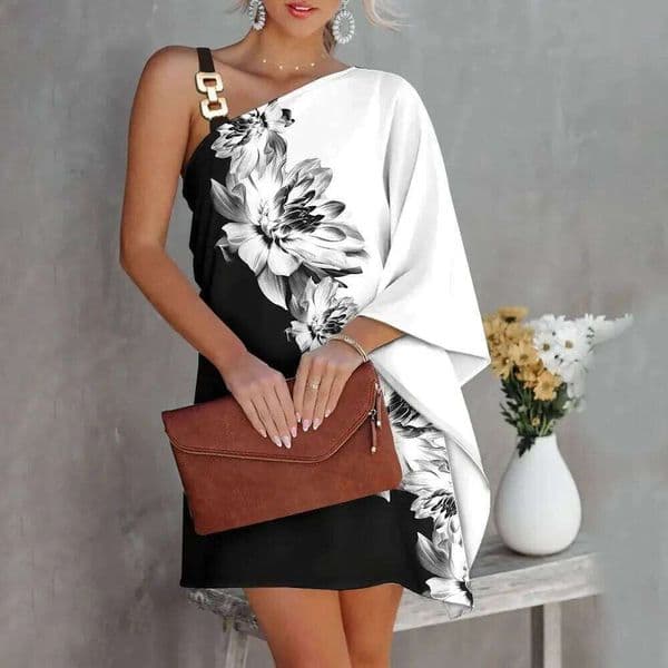 Women's One Shoulder Mini with Floral Print and Asymmetrical Batwing Sleeve Cocktail Party Dress