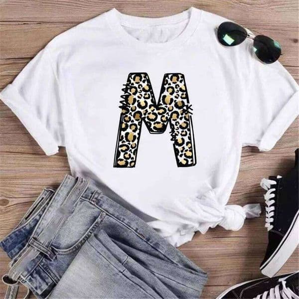 Women's T Shirt Custom Name Letter Combination Printing Tshirt Leopard Print Font A B C D E F G Short Sleeve Ladies T-Sh