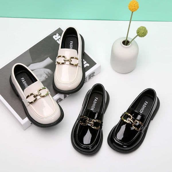 Kids Patent Leather Loafers, Girls Slip-On Dress Shoes with Gold Buckle, Non-Slip Chunky Heel School Uniform Oxford Shoes for Toddlers & Little Kids