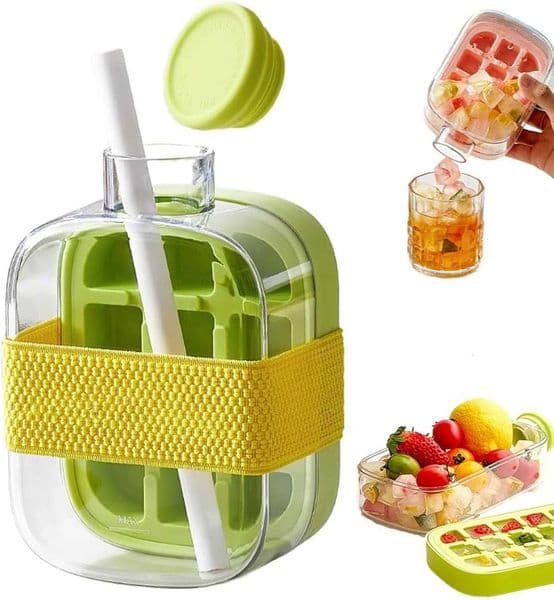 2026 Upgrade 2 in 1 Ice Cube Bottle with StrawPortable Ice Cube Tray Built in Ice Mold CupPress to Release Touch Free Ice Tray Leak Proof Lid for Outdoor Office Travel Hom