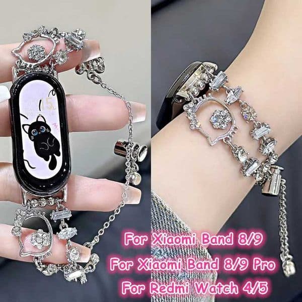 Diamond Cat Metal Correa For Mi Band 8 9 Strap Smartwatch Wristband For Mi Band 9 8 Pro Redmi Watch 4 5 Wen BraceletJ260514
