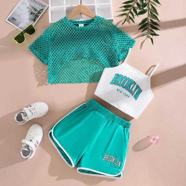 Summer girls fashion 3-piece set cool and breathable mesh short sleeved T-shirtletter printed suspendershortsL260514S08Y