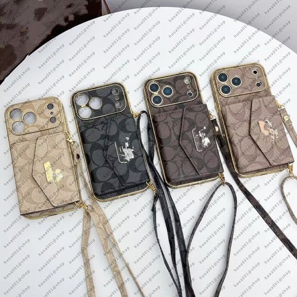 Designer Caviar Leather Cross body Phone Cases for iPhone 17 Pro Max 16 Pro Max 15 14 13 12 11 16 Plus Case Card Holder Luxury Handbag Wallet Case Chain Lanyard Coque Funda