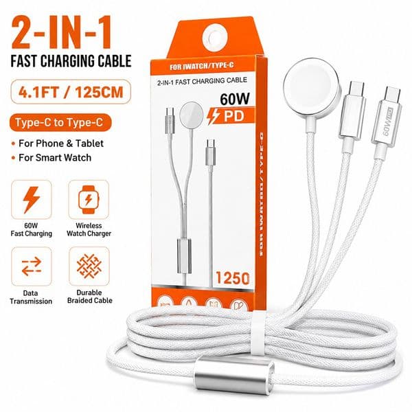 PD60W 2-in-1 Fast Charging Cable Braided USB-C Cord with Magnetic Wireless Charger for Smartwatch Supports Data Sync Compatible with Type-C Phones Tablets and iwatch