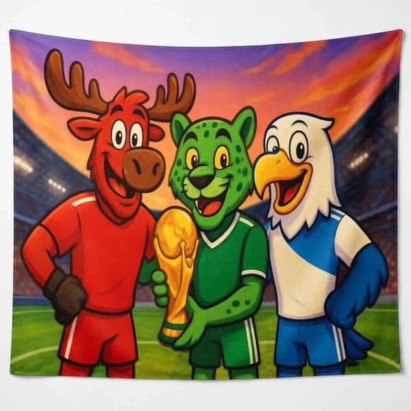 Mascot 2026 Soccer Championship Tapestry Flat Print Cartoon Animal Football Trophy Wall Art for Boys Room Sports Fan Gift 26W0515