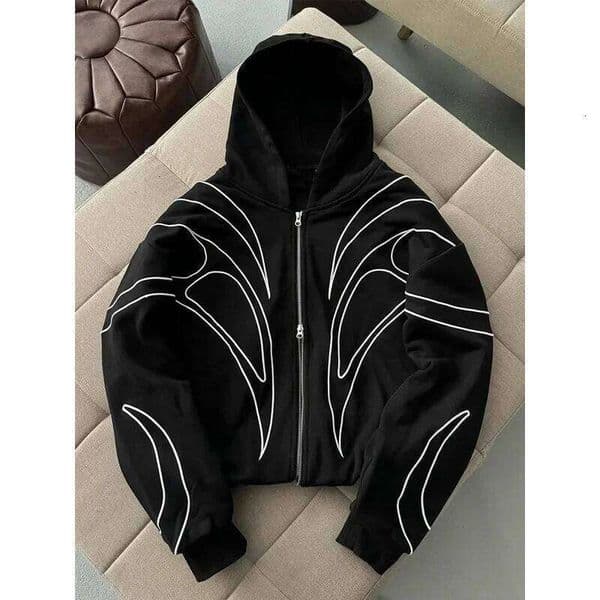 Street Retro Fashion Clothing Striped Embroidered Black Double Zipper Hoodie American Hip-hop Punk Oversized Sweatshirt women 26L0515