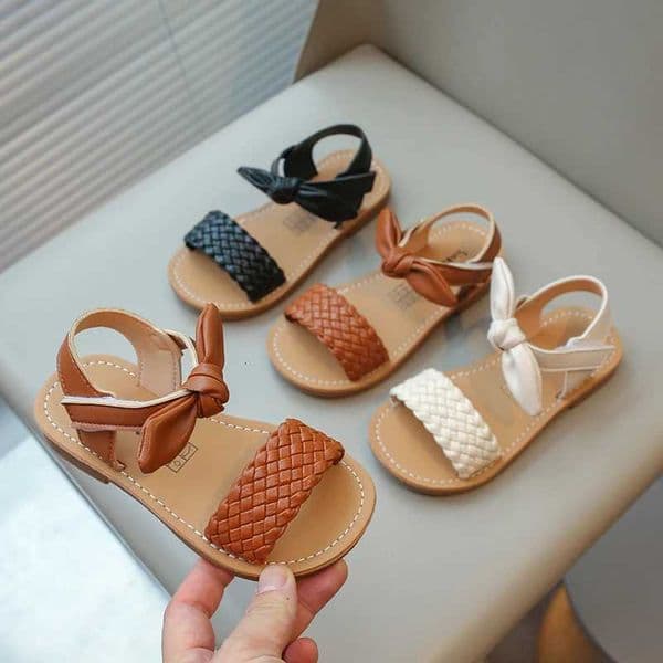 Toddlers Girls Leather Sandals 2024 Summer Brand New Children Beach Shoes Open Toes with Bow-knot Sweet Princess 21-30 Anti-skidT260515