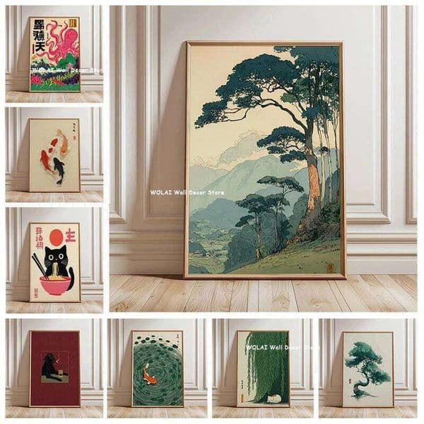 Retro Japanese Forest & Koi Fish Zen Water Painting Canvas Poster Abstract Sun Waves Wall Art Printing for Peaceful Home Decor W260515