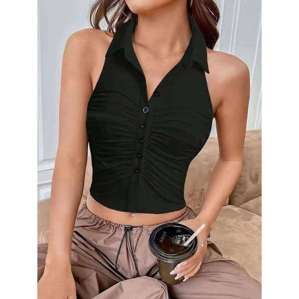 Women's Black Halter Neck Tank Button Front Ruched Crop Top Sexy Casual Daily Wear for Spring Summer Valentine's Day