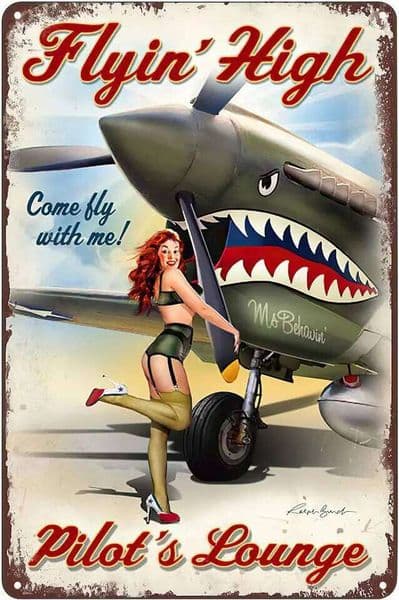 Vintage Metal Tin Sign Pin Up Girl Flying High Pilots Lounge Military Poster Wall Art Plaque Decor for Home Bar Pub Cafe Club J260515
