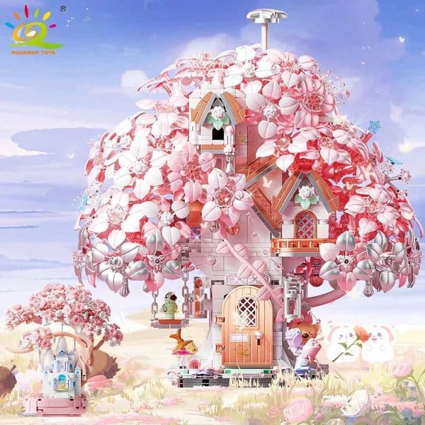 HUIQIBAO DIY Discoloration Cherry Blossom MOC Flower Pink Tree House Building Blocks Classic Model Bricks Sets Kid Romantic Gift Z260515