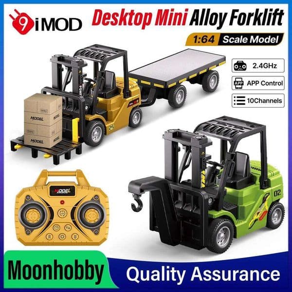 9IMOD 1/64 Model Car 2IN1 Crane And APP Control 10CH 2.4GHz Desktop Mini Alloy Forklift With Trailer W260515