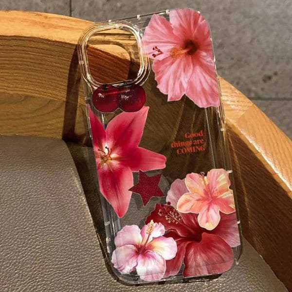 Cherry Flower Print Clear Case For iPhone 16 15 14 13 Pro Max 11 12 Mini X XR XS Max 7 8 Plus SE2 Stylish Shockproof Soft Cover C260515