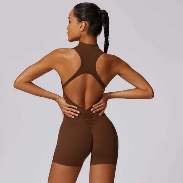 Solid Soft Backless Back Waist Scrunch Yoga Jumpsuit Short Set Women Zipper Sportswear Fitness One Piece Sports Suit Workout C260514