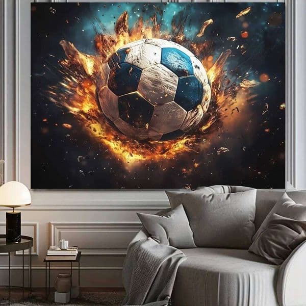 Horizontal Peach Light Beige Velvet Tapestry - Firecracker Soccer Wall Art with Vibrant Blue & Orange Explosion Design, 26W0515