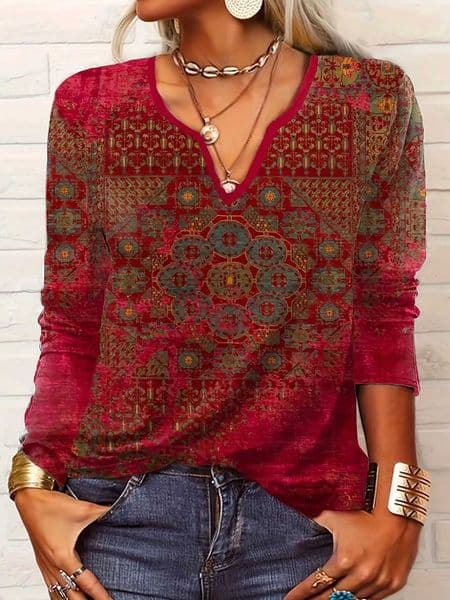 Elegant Red Bohemian Top V Neck Tribal Mandala Print 3/4 Sleeve Casual Daily Wear Shirt Women Clothes L260514
