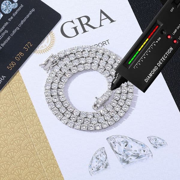 Hip-hop style VS Moissanite tennis necklace - Silver - Rock rap diamond-studded tennis chain - Street gangster chic diamond jewelry