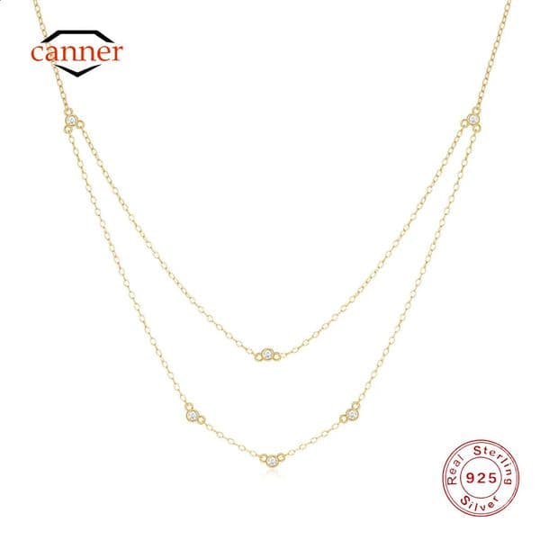 CANNER 925 Sterling Silver Double Layered Superimposition Zircon Necklace For Women 18K Gold Ins Necklace Fine Jewelry Gift 260514