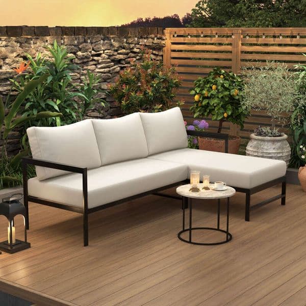 U_style Outdoor L-Shaped Iron Frame,Weather-Resistant Patio Sofa Set with Ultra-Thick Cushions,Comfortable Seating 3,Ideal for Patio, Balcony,and Garden