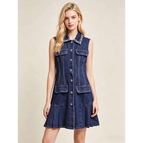 Spring and summer new designer simple and mature women's high-end pearl embellishment lapel sleeveless single breasted pleated skirt