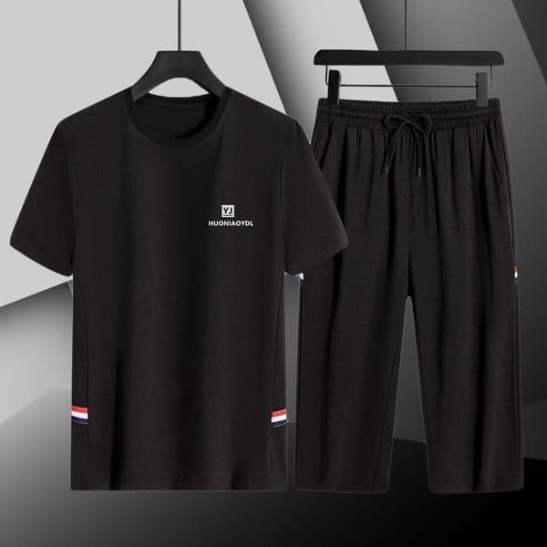 Men's Hoodie Ice Silk Casual Sports Suit Summer Loose Fit Designer T-shirt Large Size Quick-dry Breathable Short-sleeve Three-quarter Pants Polo Two-piece Set