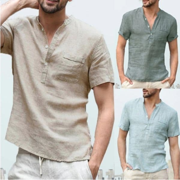 Linen Cotton Mens Shirt Henry Collar and Beach Pocket Casual Short Sleeved T-shirt Solid Color T-shirt Retro Streetwear 260515