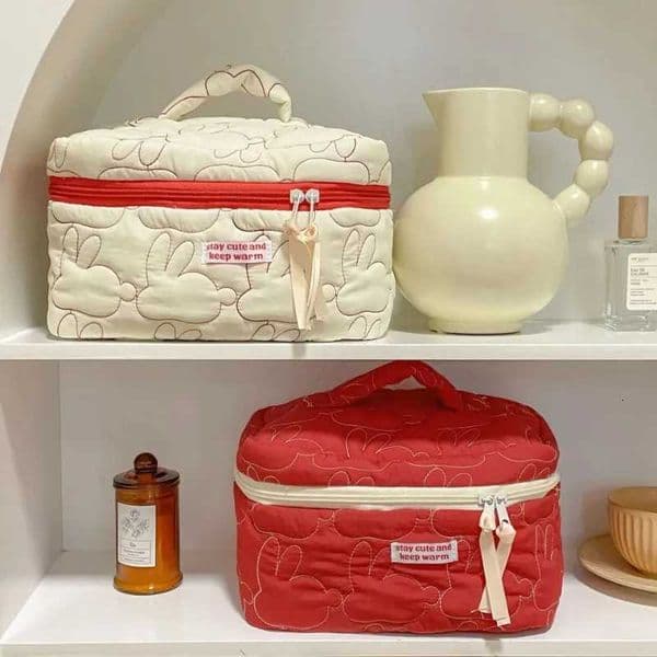 Ins Large Capacity Zipper Makeup Bags Rabbit Quilted Cotton Cosmetic Cases Cute Travel Storage Pouch Organizer for Women HandbagT250515