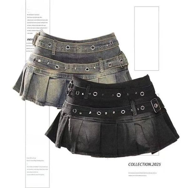 Womens Blue Black Riveted Belt Denim Skirt Y2K Harajuku High Street Fashion 90s Sexy Aline Mini Summer Clothing 260515