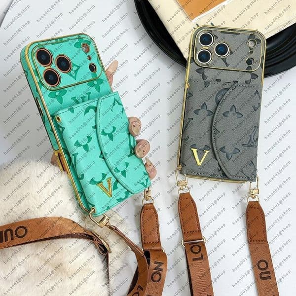 Designer Phone Case for iPhone 17 Pro Max Case Card Holders Apple iPhone 16 pro max 14 13 12 14promax 15pro 15 Plus 16 Plus Case Leather Quilted Mobile Cover Chain Lanyard