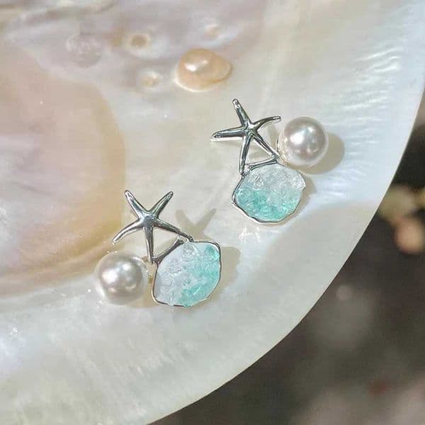 Ocean Blue Starfish Pearl Ear Clips Without Ear Piercing Summer Seaside Vacation Rhinestone Shell Clip on Earrings for Women Z260515