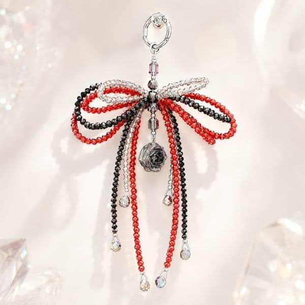 Red Black Crystal Bow Phone Charm Strap with Smoky Rose Pendant, Anti-drop Phone Lanyard
