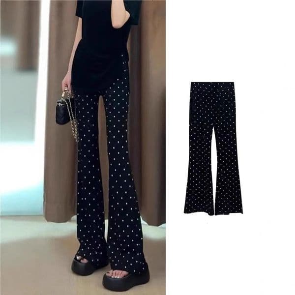 Casual Thin Style Women Black Polka Dots High Waist Fashion Wide Leg Pants Summer Vintage Solid Color Female 260515