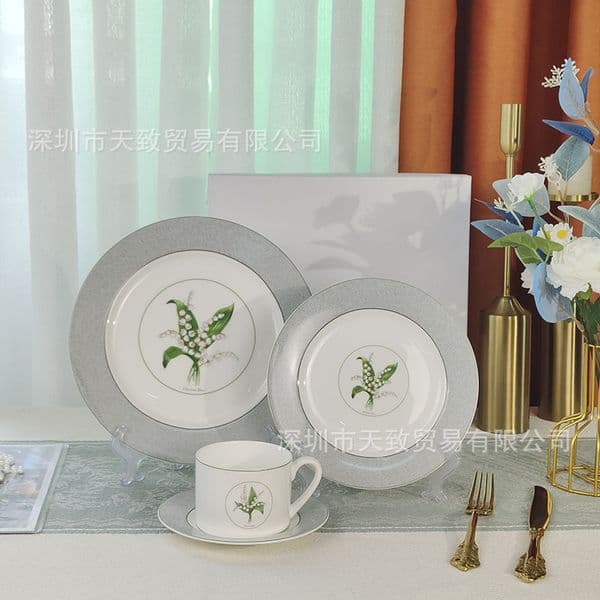 Lily of the Valley series bone china tableware Western food plate cup and saucer set Light luxury high value plate Coffee cup and saucer