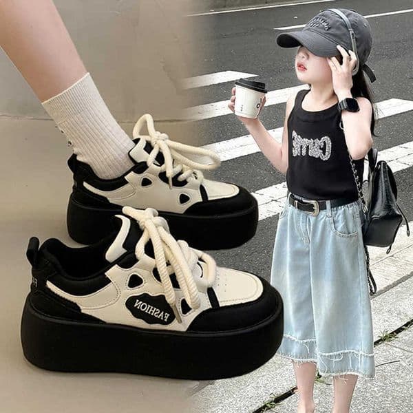 Spring and Autumn New 2025 Girls Childrens Shoes Thick-Soled Sneakers for Older Kids Wear-Resistant Non-Slip Casual Leather Shoes Trendy Single ShoesL260514S4SI