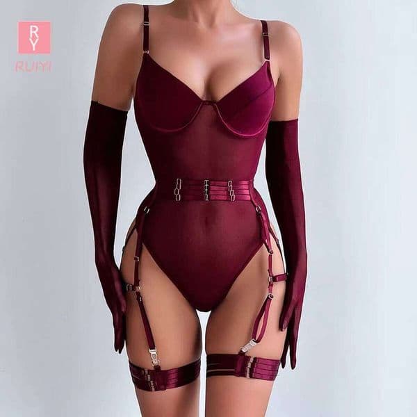 RUIYI Body Stockings 3 Piece Set Women Sexy Jumpsuit See Through Bodysuit Lingerie