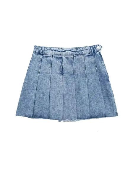 Women Fashion Wide Pleated Denim Mini Skirt Vintage High Waist Side Zipper Female Skirts Mujer 260515