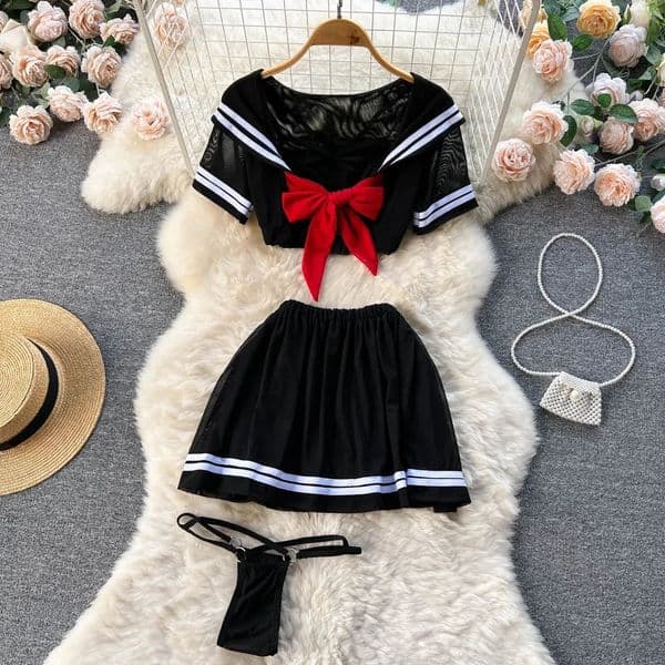 Sailor Japanese Style Sweet Erotict Suits Female Short Sleeve Bow TieTopsPleated Mini Skirt Lingerie Women Sheer Sexy Sets 260515