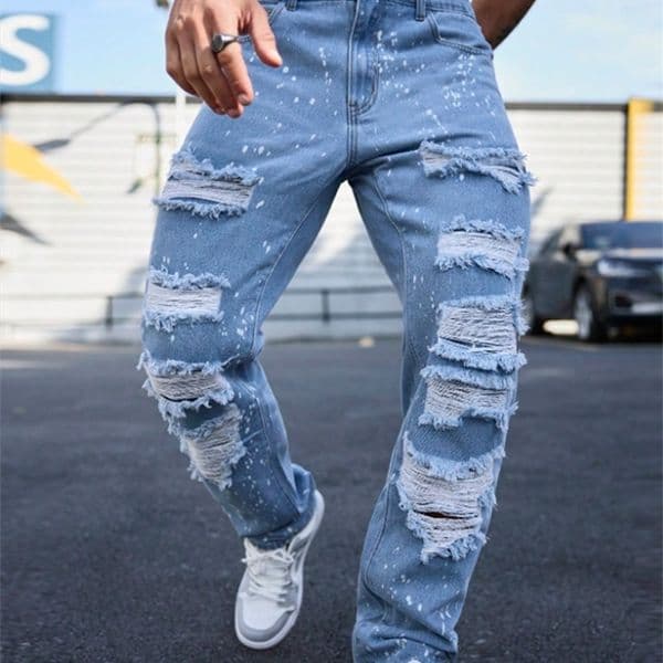 Mens inksplattered ripped jeans streetstyle American hiphop pants suitable for all seasons versatile long w260519