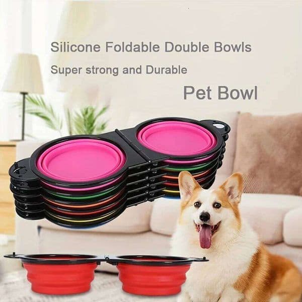 Portable Folding Outdoor Double Bowl Water and Sharing, Cat Bowl, Pet Dog Food Basin, Suitable for Travel 26W0515