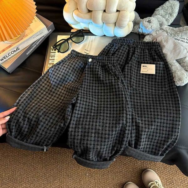 Spring Autumn Children Pants 1-8Y Boys Black Plaid Loose Casual Straight Trousers Korean Toddler Wear For Kids Clothes New L2605150CIR
