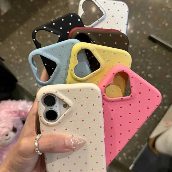 Korean Cute Love Heart Shape Camera Dots Leather Case For iPhone 17 Air 16 Pro 15 14 13 12 Pro Max Japan Kawaii Girl Soft Cover C260515