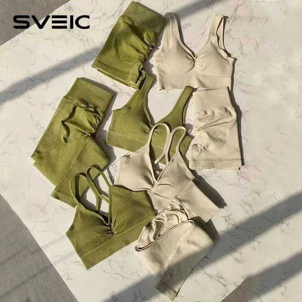 SVEIC Seamless Yoga Set Sport Bra Washing Knitting Fitness Tops Ribbed Sportswear Shorts Workout Suits Gym Women Outfit Clothing C260514