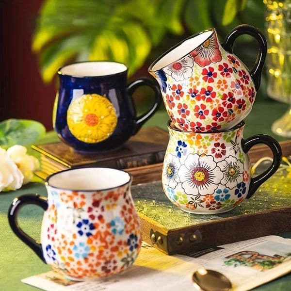 Polish pottery style wide-mouth ceramic mug hand-painted floral pattern mug large-capacity coffee tea and milk mugJ260515