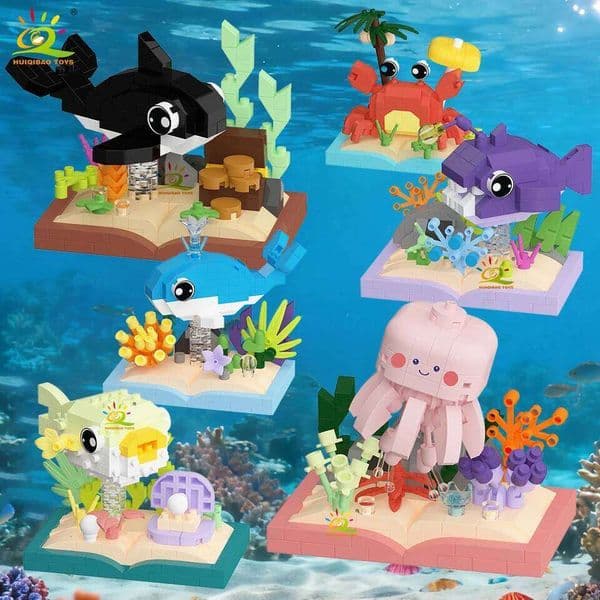 HUIQIBAO MOC Ocean Series Micro Building Block Orcas Lantern fish Blue Whales Mini Brick set Toy for Children Desk Decoration