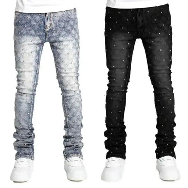 Mens denim fashion personality straight leg mens pants European and American Instagram item elastic pearl la 260514