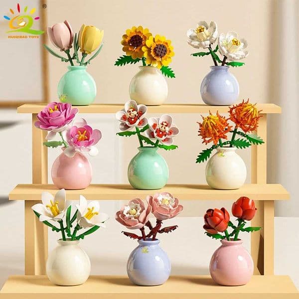 HUIQIBAO MOC Flower with Vase Model Building Block DIY Eternal Bouquet Home Desk Plant Decor Brick Girl Gift Children Toy Z260515