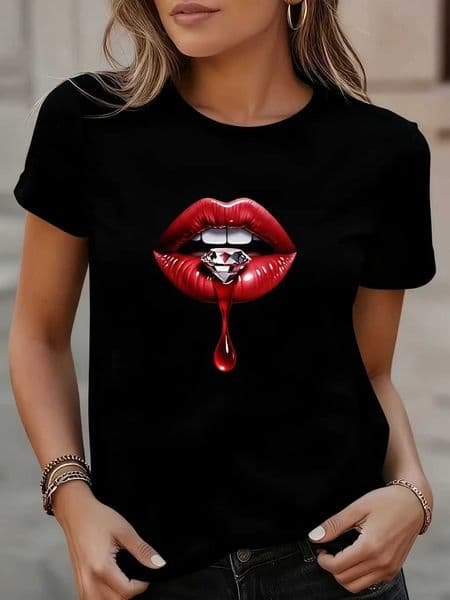Womens T-Shirt Diamond Red Lip Print Round Neck T-Shirt Casual Short Slve Summer Short slved Harajuku strtwear Tops Ts Z260515