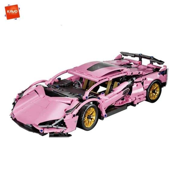 KAVOWORLD 1:14 Scale Pink Supercar Building Set 1314PCS Mechanical Sports Car Brick Model with Golden Wheels for Kids Desk Decor