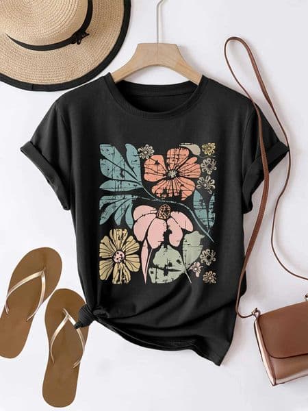 WomenS Floral Graphic Print T-Shirt Casual Crew Neck Short Slve Top Knit Fabric Regular Length All-Season Fashion Clothing Z260515