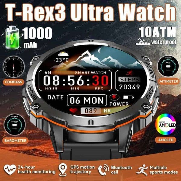 New T-Rex3 1000mAh Battery SmartWatch Men 10ATM Waterproof GPS Compass 1.73-inch AMOLED Screen Call Sports Smartwatches 26L0515